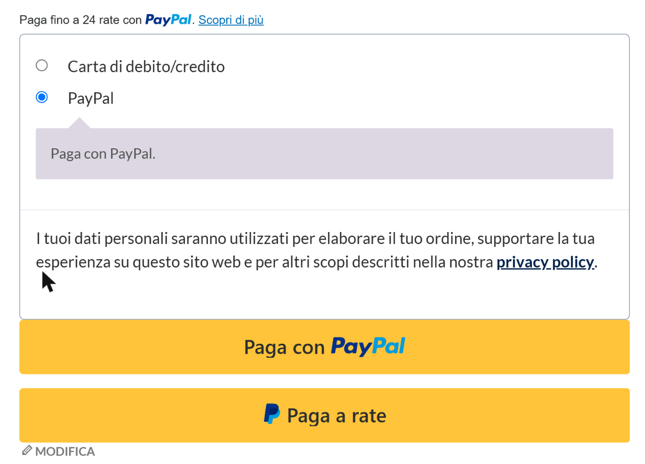 Sezione pagamenti con i pulsanti Paga con PayPal e Paga a rate